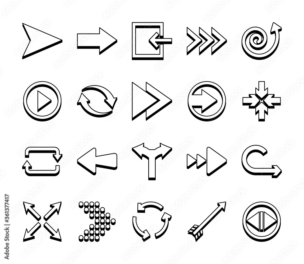 Poster four arrows pointing and arrows symbols icon set, line style