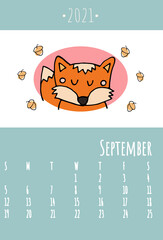 Calendar 2021. Cute calendar 2021 for kids. Can be used at school or children’s bedrooms. Zoo and animals concept calendar. Vector template.