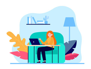 Young woman sitting at sofa and working via laptop. Home, chat, girl flat vector illustration. Freelance and digital technology concept for banner, website design or landing web page