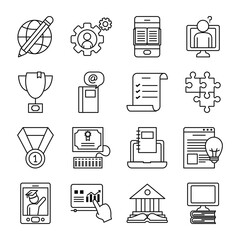 laptop computer and online education icon set, line style