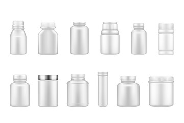 Set of plastic jar mockups isolated on white background. Packaging design. Blank food, fitness, householding or dietary nutrition, healthcare bottle template. 3d realistic vector illustration