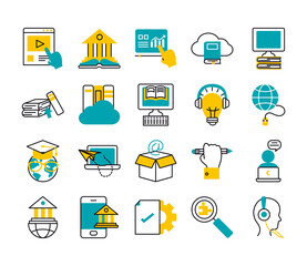 cloud storage and online education icon set, half line half color style