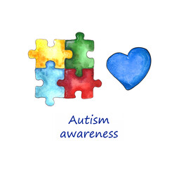 Watercolor illustration.Logo puzzle multi-colored puzzles and a blue heart. World autism awareness day.isolated on a white background.