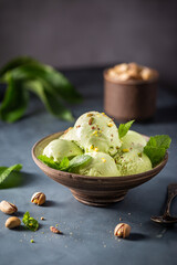 Homemade pistachio ice cream scoop with chopped pistachios on gray stone background