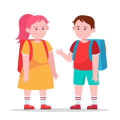 Little boy and girl chatting with each other. Pupil, backpack, school flat vector illustration. Friendship and childhood concept for banner, website design or landing web page