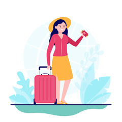 Happy woman travelling to other country. Ticket, bag, journey flat vector illustration. Trip and vacation concept for banner, website design or landing web page