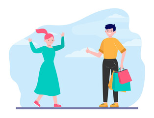 Happy couple shopping together. Support, bag, choosing flat vector illustration. . Relationship and family concept for banner, website design or landing web page