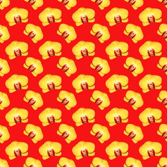 Seamless pattern of yellow Orchid flowers. Flowers for the background. Flowers on a red background.