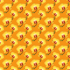 Flowers on an orange background. Seamless pattern of yellow Orchid flowers with closed buds.