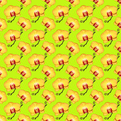 Obraz premium Seamless pattern of yellow Orchid flowers with closed buds. Flowers on a green background.