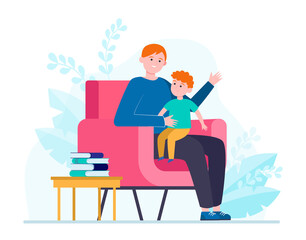 Son sitting on father knees and listening story. Armchair, book, dad flat vector illustration. Family and childhood concept for banner, website design or landing web page