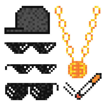 Boss or gangster pixelated sunglasses, gold chain, cap and cigarette. Thug attributes. Vector illustration.