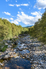 Fototapeta na wymiar tormes river in the province of avila in the town of navalonguilla with water and stone and trees on the sides