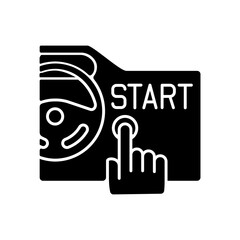 Keyless ignition system black glyph icon. Smart automobile attribute silhouette symbol on white space. Modern transport technology. Driver pushing button to start vehicle vector isolated illustration