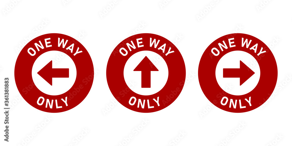 Poster set of one way only round floor marking adhesive sticker icon with direction arrow and text. vector 