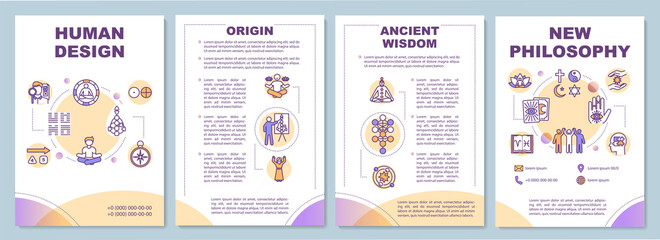 New philosophy brochure template. Origin of human design knowledge. Flyer, booklet, leaflet print, cover design with linear icons. Vector layouts for magazines, annual reports, advertising posters