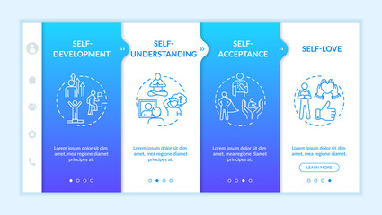 Mental health onboarding vector template. Self acceptance. Improvement through understanding yourself. Responsive mobile website with icons. Webpage walkthrough step screens. RGB color concept