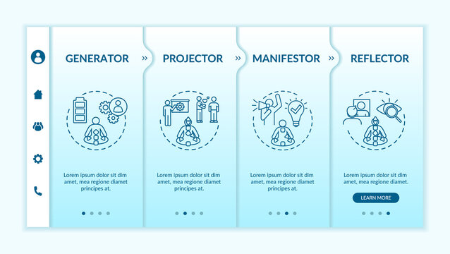 Human design types onboarding vector template. Unique personality traits. Pseudoscience knowledge. Responsive mobile website with icons. Webpage walkthrough step screens. RGB color concept