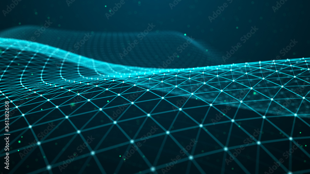 Poster abstract dynamic wave of points and lines. perspective grid. big data. network of particles. digital