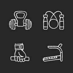 Exercise equipment chalk white icons set on black background. Kettlebell handle, jump rope, wrist wraps and treadmill. Sport gear for cardio training. Isolated vector chalkboard illustrations