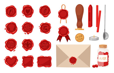 Big set red wax seal stamps and other tools - wooden stamper, melting spoon, envelope. Vintage post signet illustration for wedding invitation, letters, calligraphy design. Vector isolated on white