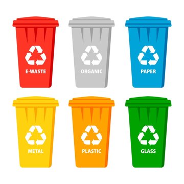 Garbage containers for different types of waste: e-waste, organic, paper, glass, plastic, metal. Vector illustration. Waste types segregation recycling. 