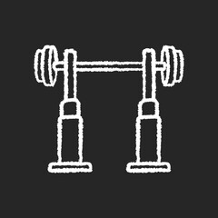 Fototapeta na wymiar Squat rack chalk white icon on black background. Fitness center, health club workout. Gym equipment for legs and back muscle training. Stand with barbell isolated vector chalkboard illustration