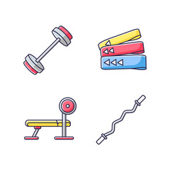 Bodybuilding RGB color icons set. Barbell, resistance bands, weight bench and curl bar. Equipment for intense strength training. Isolated vector illustrations