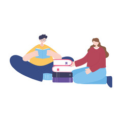 stay at home, guy reading book and girl with books, self isolation, activities in quarantine for coronavirus