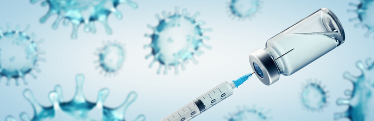 Vaccination or drug concept image with Coronavirus Covid-19 SARS-CoV-2 virus. - obrazy, fototapety, plakaty