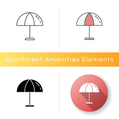 Beach umbrella icon. Parasol to protect from sun burn. Sunbathing in summertime. Shelter for hot weather. Seaside rest in shade. Linear black and RGB color styles. Isolated vector illustrations