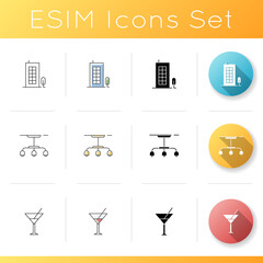 Urban house icons set. Condo building in downtown district. Townhouse unit. Vermouth in glass. Lamp hanging from ceiling. Linear, black and RGB color styles. Isolated vector illustrations
