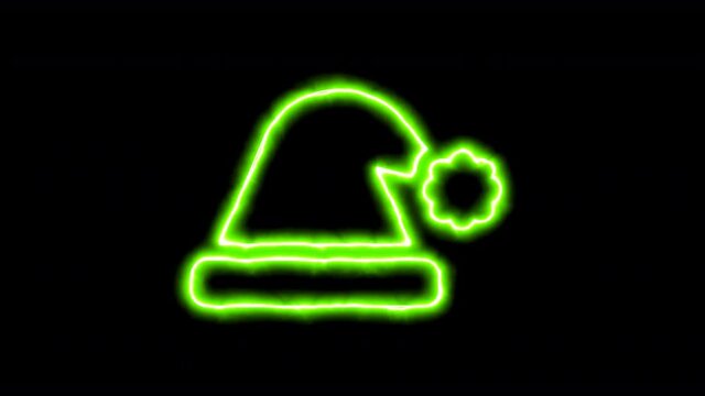 The appearance of the green neon symbol hat santa. Flicker, In - Out. Alpha channel Premultiplied - Matted with color black