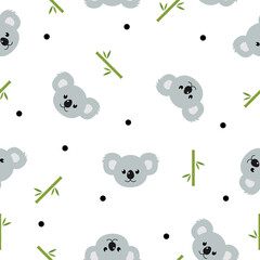 Seamless pattern cute koalas and bamboo leaves background. Cartoon wild animal design vector illustration isolated on white background © Віталій Баріда