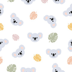 Koala pattern seamless vector background. Cute koala print with monstera leaves illustration isolated on white. © Віталій Баріда