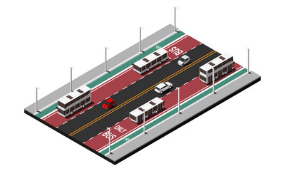 Isometric road traffic with bus and bike lanes vector illustration.