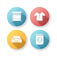 Household flat design long shadow glyph icons set. Open garage gate for parking lot. Clean tee shirt. Washing machine to do laundry. Laundromat to tidy clothes. Silhouette RGB color illustration