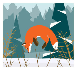 Illustration of red fox hunting in the snowy forest. Stock vector. Fox jumping to hunt for mouse.