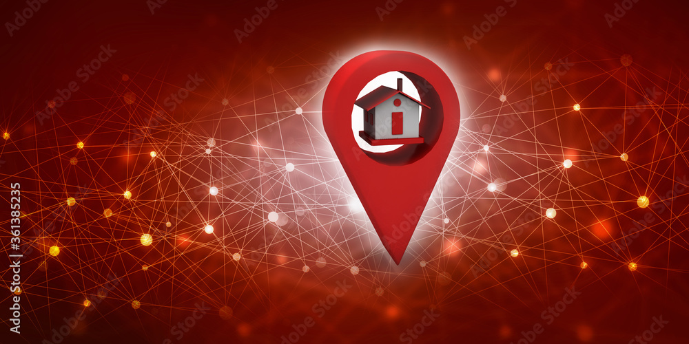 Poster 3d illustration search for property.a map with large red gps pointer containing