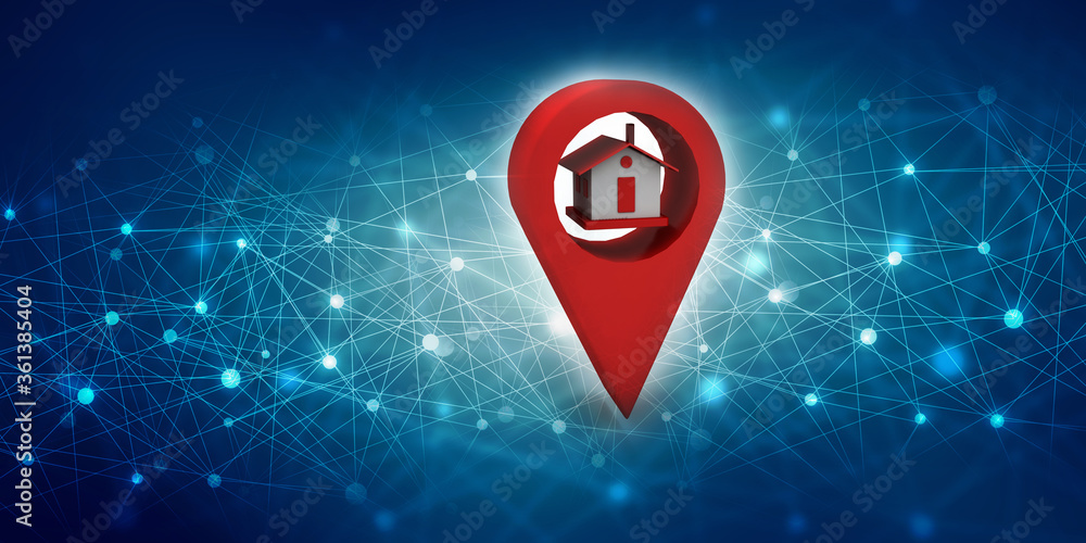 Poster 3d illustration search for property.a map with large red gps pointer containing