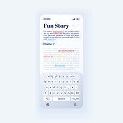 Text writing smartphone interface vector template. Mobile app page light theme design layout. Flat UI for docs viewing application. Documents editing screen. Phone display