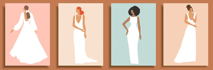 Set of abstract female shapes and silhouettes on textured background. Abstract women portraits in wedding dress in pastel colors. Collection of contemporary art posters, social media background, cards