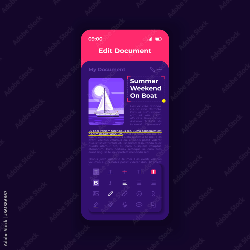 Poster document viewing and editing smartphone interface vector template. mobile app page black theme desig