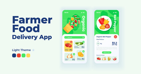 Farmers food delivery smartphone interface vector templates set. Organic produce online market. Mobile app page light theme design layouts. Flat UI for application screens. Phone displays