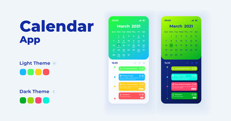 Calendar smartphone interface vector templates set. Mobile app page light and black theme design layouts. Flat UI for time management application. Events and tasks reminder screens. Phone displays