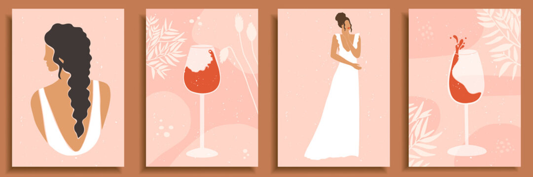 Set of abstract female shapes and silhouettes on textured background. Women portraits in wedding dresses in pastel colors. Wine in glasses. Collection of contemporary art poster, social media backdrop