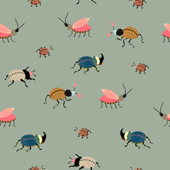 Colorful  beetles  on the grey background. Seamless pattern design for fabrics or wallpapers. Vector Illustration.