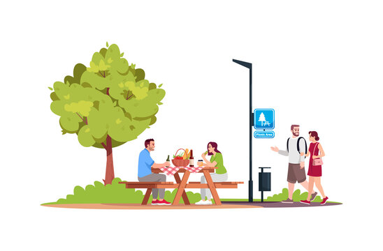 Couple sitting at a picnic table in park semi flat RGB color vector illustration. Man and woman walking in public recreation area. Leisure and outing. Isolated cartoon characters on white background