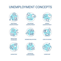 Unemployment type turquoise concept icons set. Lower gross domestic production. Economic issue idea thin line RGB color illustrations. Vector isolated outline drawings. Editable stroke