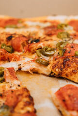 slice of pizza with jalapeño peppers, tomato and salami 